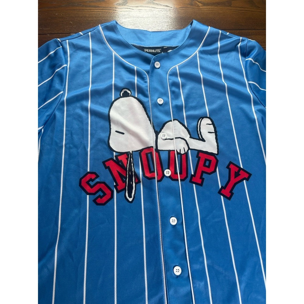 Peanuts Snoopy Baseball Jersey Blue Pinstripe Size Large EUC